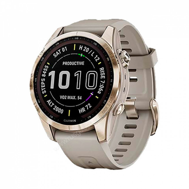Часы Garmin Fenix 7S Sapphire Solar титановый кремово-золотой с светло-песочным силиконовым ремешком Часы Garmin Fenix 7S Sapphire Solar титановый кремово-золотой с светло-песочным силиконовым ремешком